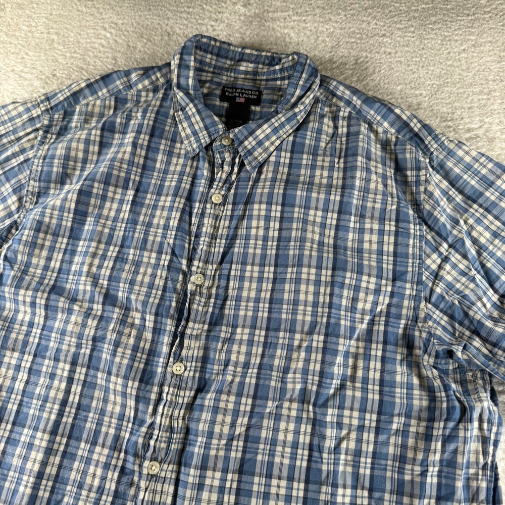 Y2K Polo Ralph Lauren Men's XL‎ Casual Short Sleeve Button Up Blue White Check